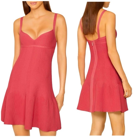 NWT Herve Leger Sweetheart Ribbed Fit Flare Dress Fluted Hem Pink Burnt Rose S - Picture 1 of 13